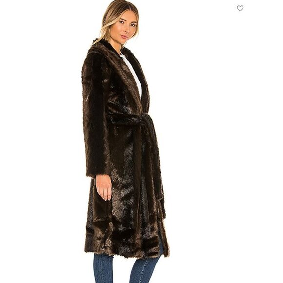 NWT $318 Revolve L'Academie 'The Fleurette' Brown Faux-Fur Belted Coat, SZ M - Picture 4 of 16